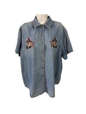 Quizz New York Top Women Size 20W Blue Denim Embroidered Bears Patriotic Buttons